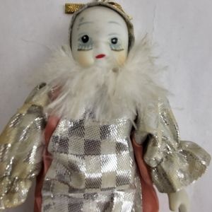 Harlequin White Porcelain Doll w Feather Boa Hat  Pantomime Clown 8 Inches